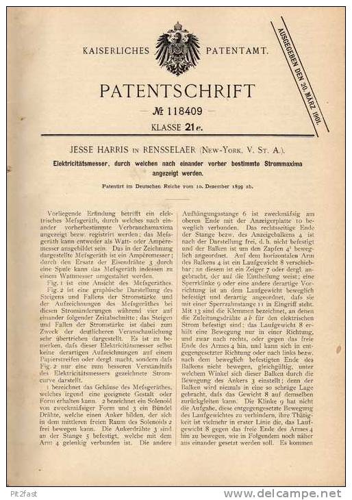 Original Patentschrift - J. Harris In Rensselaer , USA , 1899 , Elektricitätsmesser !!! - Ancient Tools