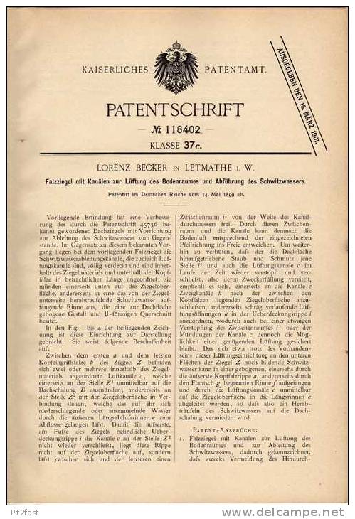 Original Patentschrift - L. Becker In Letmathe I.W. , 1899 , Falzziegel , Dachziegel , Dachdecker !!! - Documentos Históricos