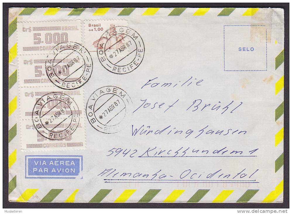 Brazilk Airmail Par Avion Deluxe BOA VIAGEM 1987 Mult Franked Cover To Germany 4-Stripe - Luchtpost