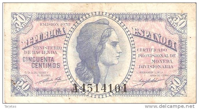 BILLETE DE ESPAÑA DE 50 CTS DEL AÑO 1937  BC LETRA A - Andere & Zonder Classificatie