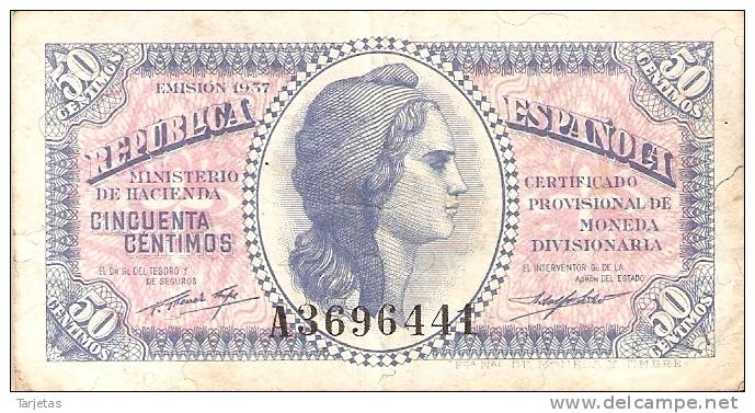 BILLETE DE ESPAÑA DE 50 CTS DEL AÑO 1937  BC LETRA A - Andere & Zonder Classificatie