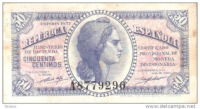 BILLETE DE ESPAÑA DE 50 CTS DEL AÑO 1937  BC LETRA A - Otros & Sin Clasificación