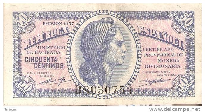 BILLETE DE ESPAÑA DE 50 CTS DEL AÑO 1937  MBC LETRA B - Altri & Non Classificati