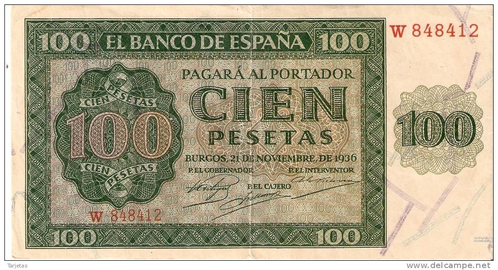 BILLETE DE ESPAÑA DE 100 PTAS 21/11/1936 SERIE W (BANK NOTE) EBC+ - 100 Peseten
