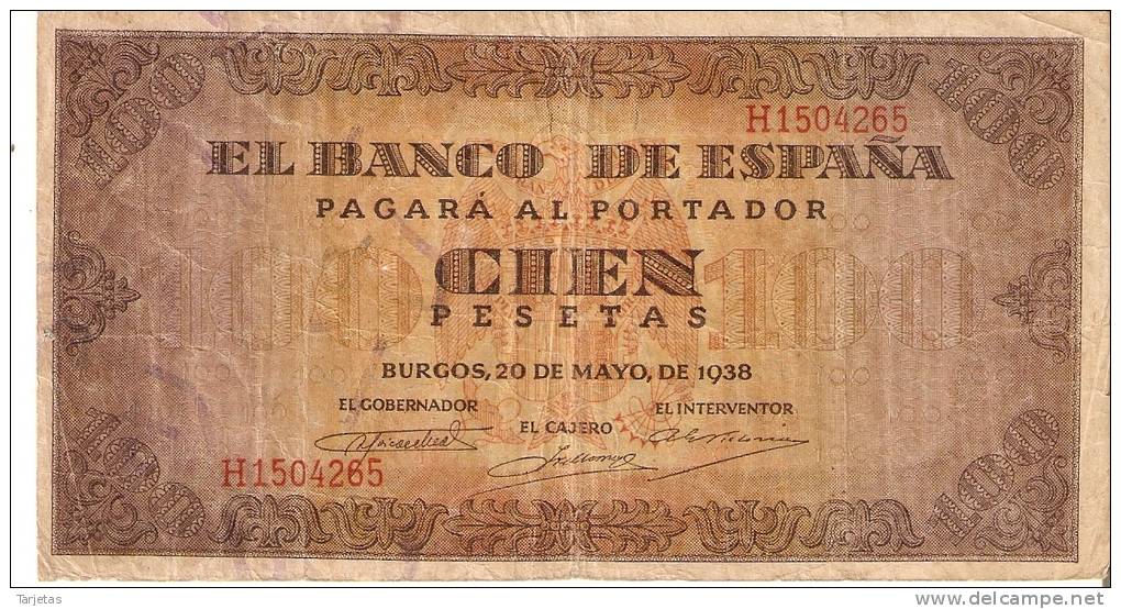 BILLETE DE ESPAÑA DE 100 PTAS 20/05/1938 SERIE H (BANK NOTE) MBC - 100 Peseten