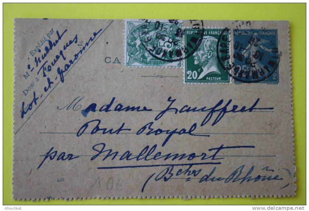 15-10-1926 Entier Postal Entiers Postaux Carte-lettre Semeuse + Timbres RajoutésType Pasteur/blanc Marmande Pr Mallemort - Cartoline-lettere
