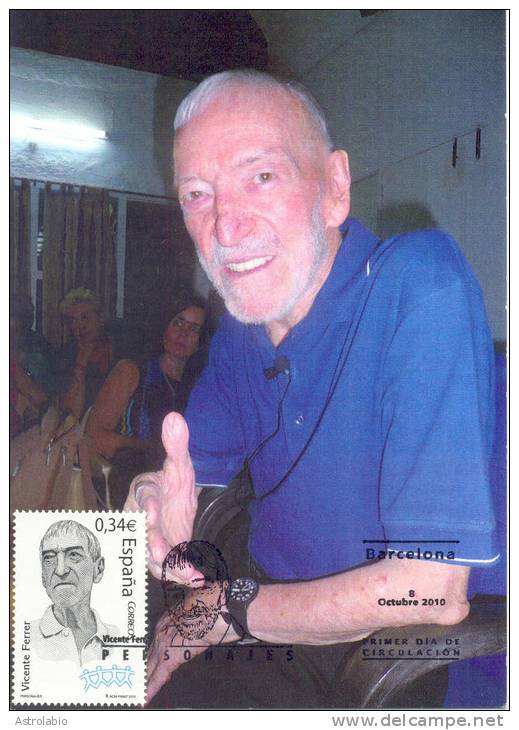 Vicente Ferrer, Missionnaire En Inde, Barcelona 1920-Anantapur 2009 Espagne 2000 Carte Maximum - Mahatma Gandhi