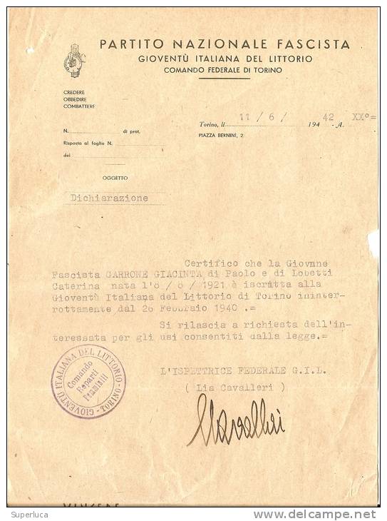 H-TORINO-CERTIFICATO ISCRIZIONE PARTITO FASCISTA 1942- - Seals Of Generality