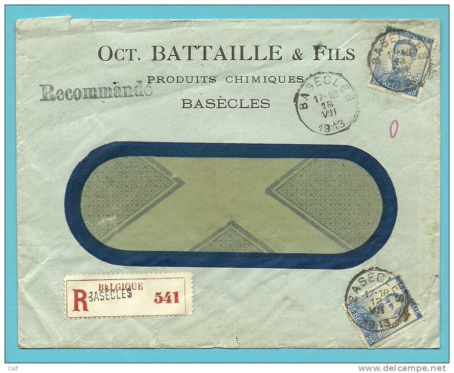 120 Op Aangetekende Brief Met Stempel BASECLES Met Firmaperforatie (perfin) "O.B." Van OCT. BATTAILLE & Fils - 1909-34