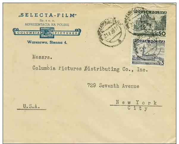 Series Covers Of Columbia Pictures Co.1938 Columbia Picyures Of Poland Warsaw To New York Sc.712x4  By Airmail - Covers & Documents