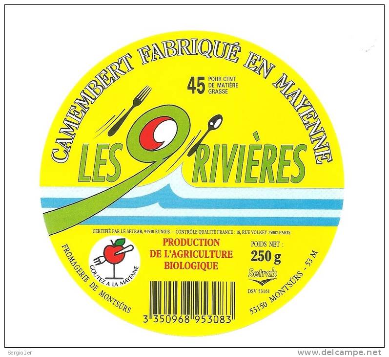 Etiquette Fromage  Camembert  Les 9 Rivieres Agriculture Biologique  Fabriqué En Ayenne  Fromagerie De Montsurs - Fromage