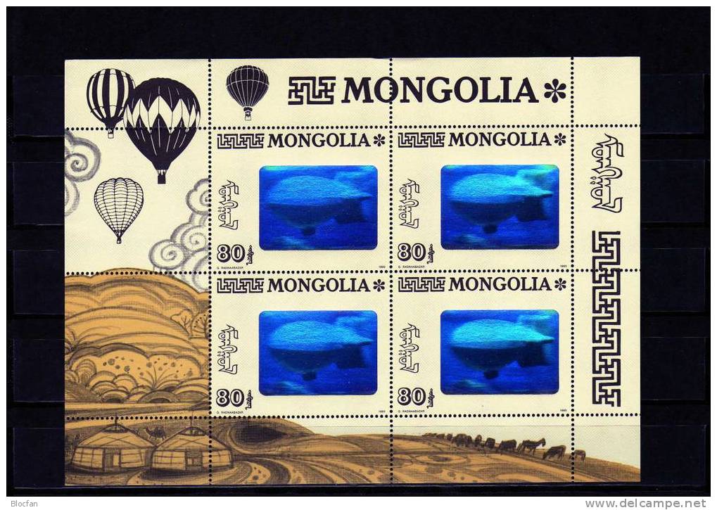 Zeppelin über Ulan Bator Hologramm-Briefmarke Mongolei ** 2482 Kleinbogen 12€ Zeppelins Air-planes Sheetlet Of Mongolia - Zeppelines