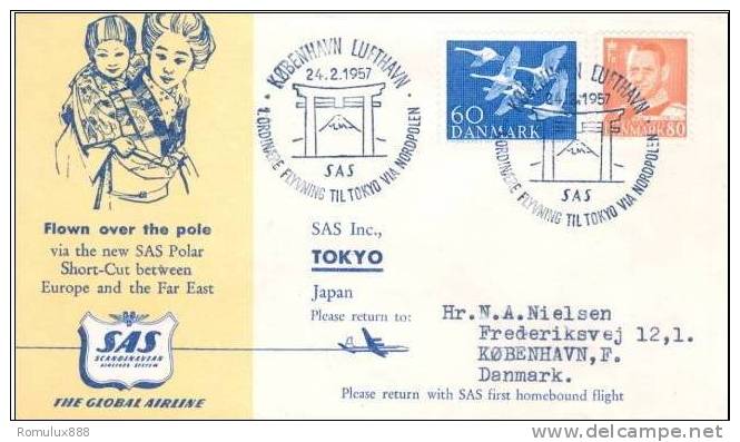 SAS FIRST FLIGHT COPENHAGEN- TOKYO -NORTH POLE SHORT CUT ROUTE 1957  WITH SCARCE INSERT - Airmail