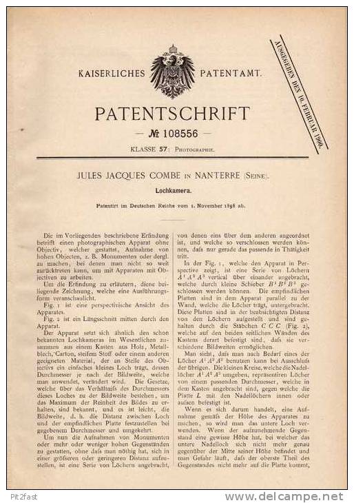 Original Patentschrift - J. Combe In Nanterre , Seine , 1898 , Camera , Lochcamera , Photographie !!! - Appareils Photo