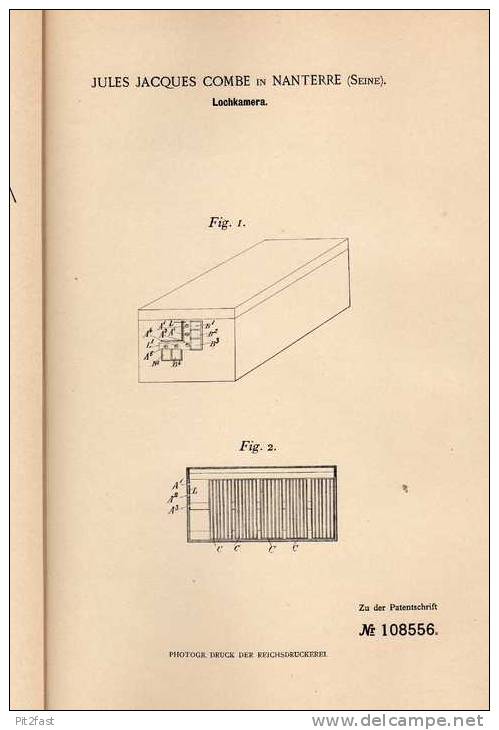 Original Patentschrift - J. Combe In Nanterre , Seine , 1898 , Camera , Lochcamera , Photographie !!! - Fototoestellen