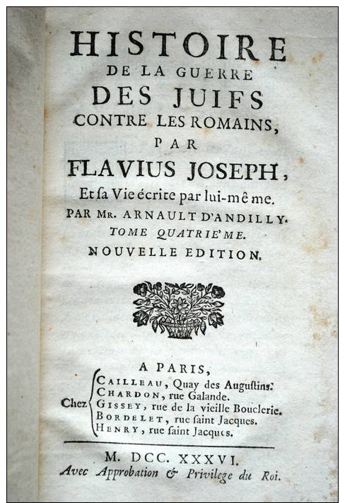 LOT DE 5 LIVRES ANCIENS HISTOIRE DE LA GUERRE DES JUIFS CONTRE LES ROMAINS PAR FLAVIUS JOSEPH 1736