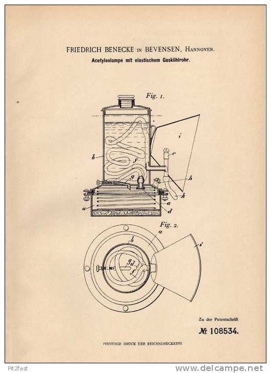 Original Patentschrift - F. Benecke In Bevensen B. Hannover , 1899 , Acetylenlampe Mit Gaskühlrohr !!! - Luminaires & Lustres