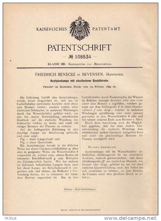 Original Patentschrift - F. Benecke In Bevensen B. Hannover , 1899 , Acetylenlampe Mit Gaskühlrohr !!! - Luminarie E Lampadari