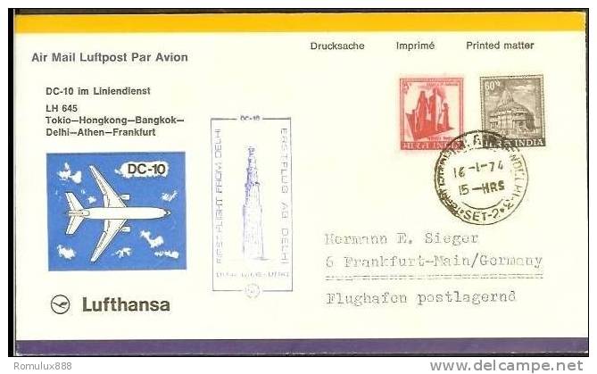 LUFTHANSA DC-10 FIRST FLIGHT COVER DELHI-FRANKFURT 1974 - Briefe U. Dokumente