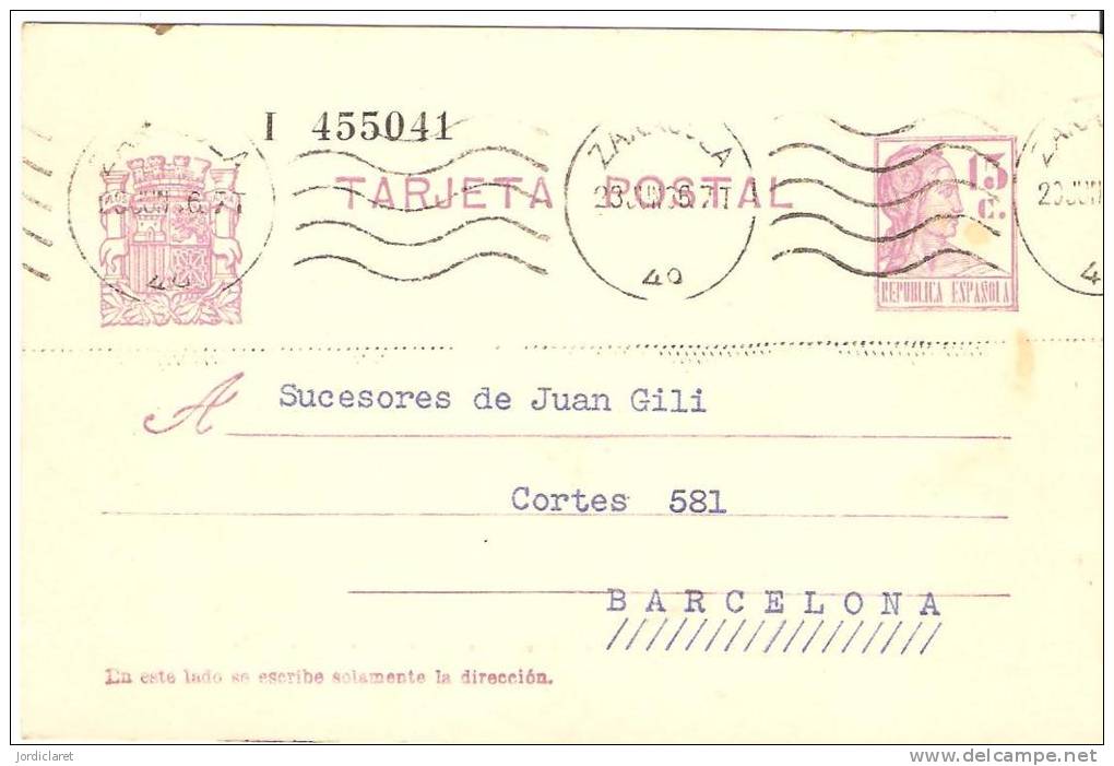 ENTERO POSTAL ZARAGOZA - 1931-....