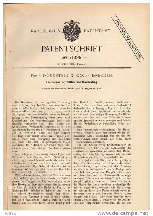 Original Patentschrift - Fa. Dürrstein & Co In Dresden , 1889 , Taschenuhr Mit Rüttel- Und Knopfaufzug !!! - Taschenuhren