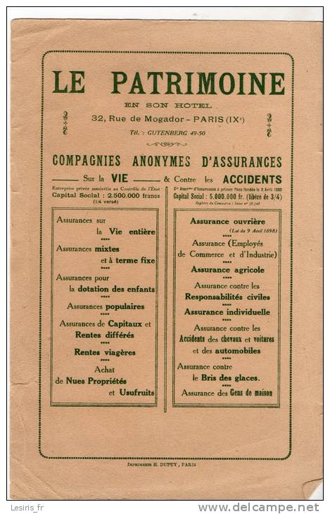 BUVARD - LE PATRIMOINE - EN SON HOTEL - PARIS IX - COMPAGNIES ANONYMES D´ASSURANCES - SUR LA VIE & CONTRE LES ACCIDENTS - Banca & Assicurazione