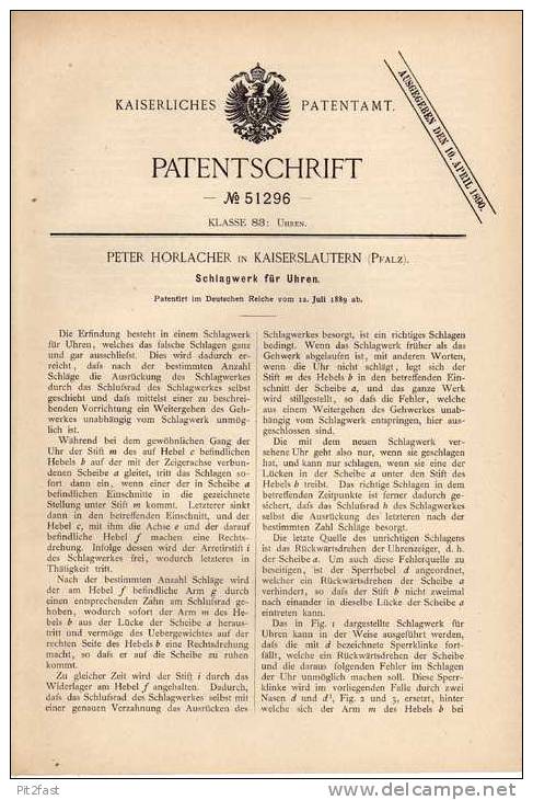 Original Patentschrift - P. Horlacher In Kaiserslautern , 1889 , Schlagwerk Für Uhren !!! - Other & Unclassified