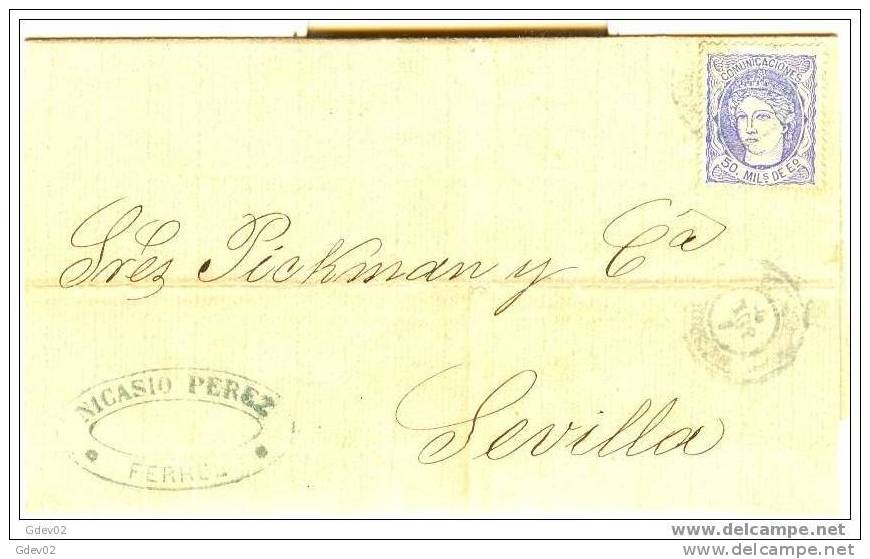 CA107-1957-V46.Espagne.Spain.CARTA DE FERROL  A  SEVILLA .1870.(Ed107) Matasellos  Verde - Brieven En Documenten