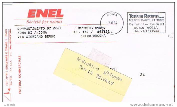 ITALIA -  STORIA POSTALE - 1994 BOLLETTA ENEL RECAPITATA DA TOSCANA RECAPITI, ROMA    - RIF. 861 - 1991-00: Marcofilia