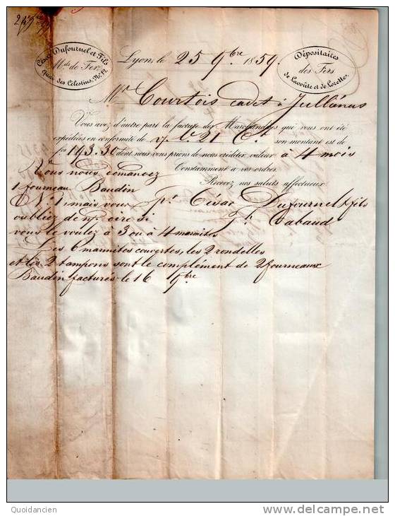 Entête Recto  Verso  25/11/1854  -  Cesar  DUFOURNEL   Fers  Pour  M.  COURTOIS  à  JULLIENAS - 1800 – 1899