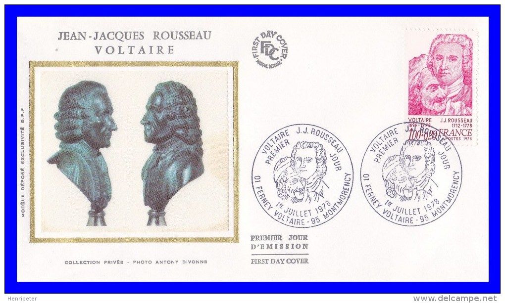 1990 (Yvert) Sur FDC Illustrée Sur Soie - Personnages Célèbres. Jean-Jacques Rousseau & Voltaire - France 1978 - 1970-1979