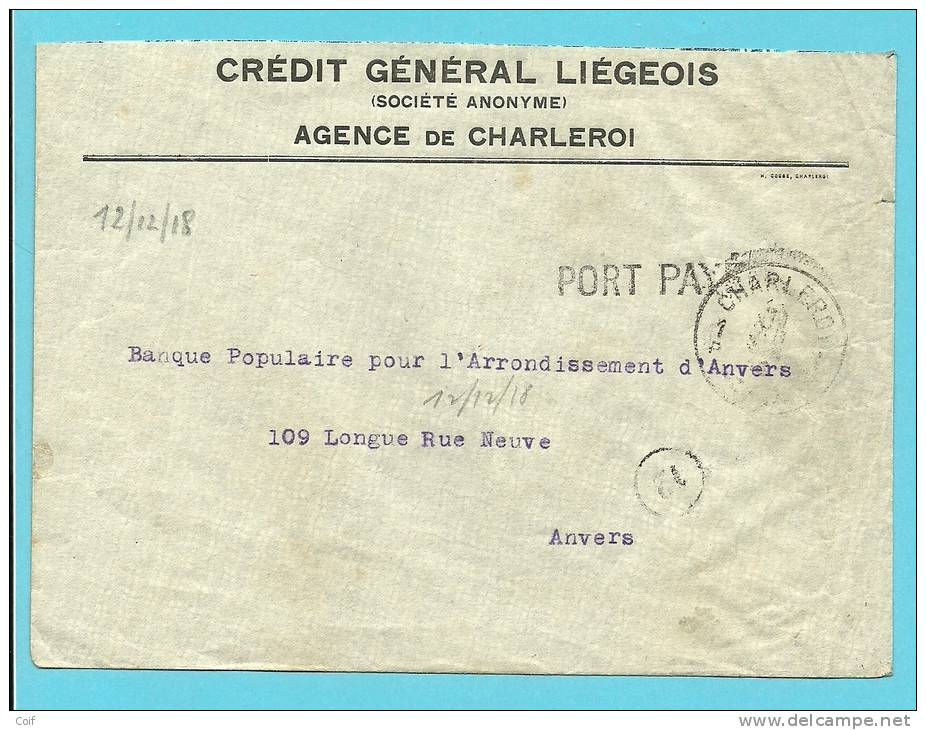 Brief Met Cirkelstempel CHARLEROY 1 Met Stempel  PORT PAYE (noodstempel) - Foruna (1919)