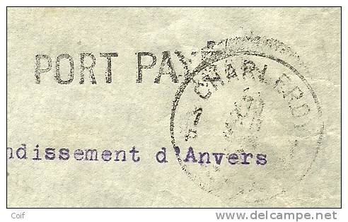 Brief Met Cirkelstempel CHARLEROY 1 Met Stempel  PORT PAYE (noodstempel) - Fortune Cancels (1919)