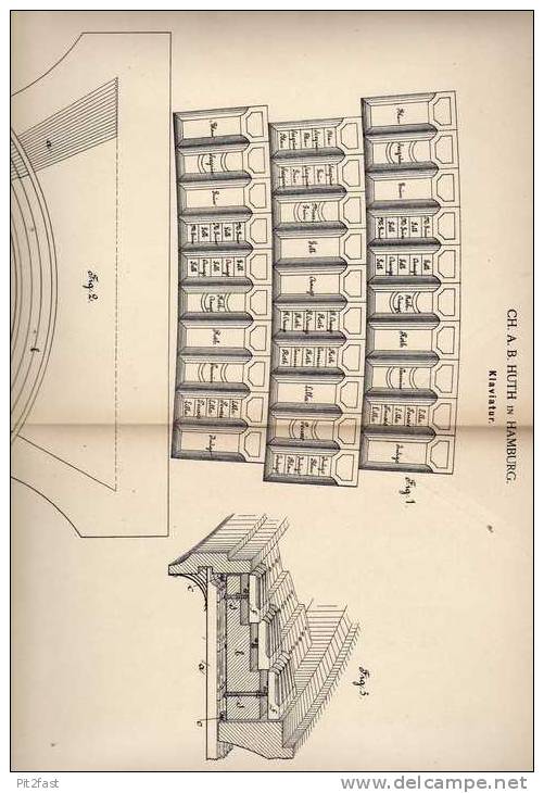 Original Patentschrift - C. Huth In Hamburg , 1889 , Klaviatur , Klavier , Pianio , Flügel !!! - Musical Instruments