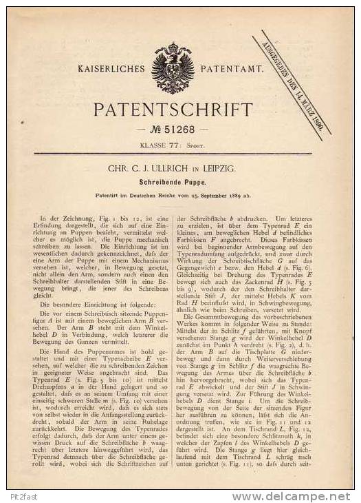 Original Patentschrift - C. Ullrich In Leipzig , 1889 , Schreibende Puppe !!! - Puppen