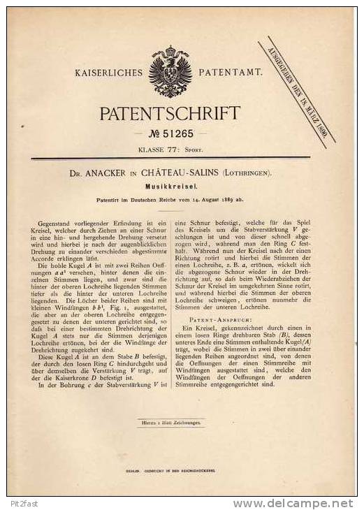 Original Patentschrift - Dr. Anacker In Chateau - Salins ,1889, Kreisel , Musique Centrifuge , Centrifugal  Brummkreisel - Toy Memorabilia