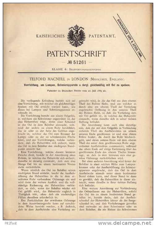 Original Patentschrift - T. Macneill In London , 1889 , Schmierung Mit Oel Von Lampen , Laterne !!! - Lámparas Y Arañas