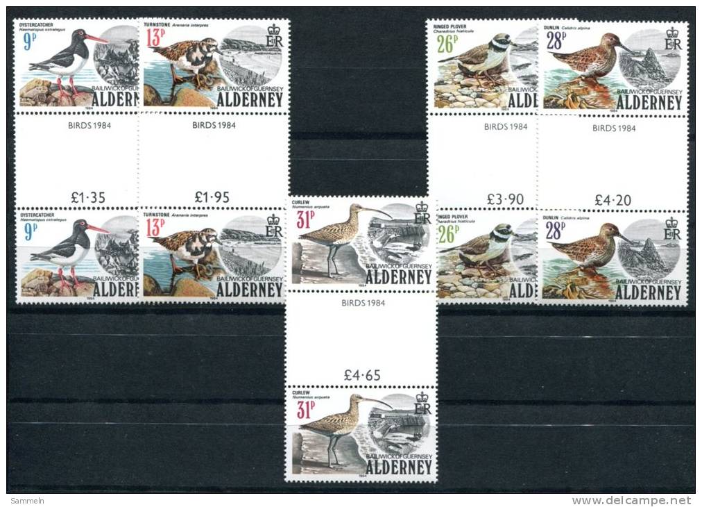 0491 - GB-GUERNSEY-ALDERNEY - Mi. 13-17 (Vögel) Zwischenstege Postfrisch - Mnh Set Of Gutter Pairs Birds - Alderney