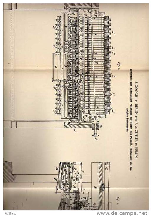 Original Patentschrift - F.A. Zeitler In Berlin , 1889 , Tasteneinrichtung Für Pianino , Harmonium !!! - Muziekinstrumenten