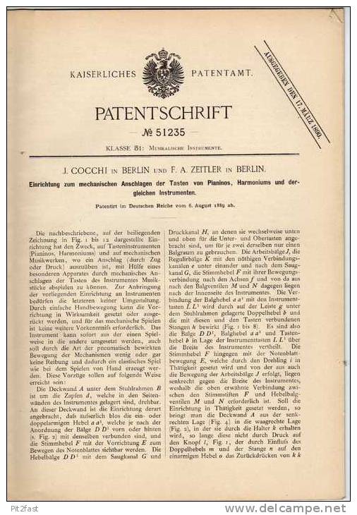 Original Patentschrift - F.A. Zeitler In Berlin , 1889 , Tasteneinrichtung Für Pianino , Harmonium !!! - Musical Instruments