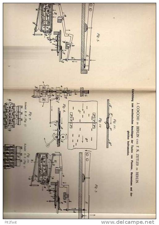 Original Patentschrift - F.A. Zeitler In Berlin , 1889 , Tasteneinrichtung Für Pianino , Harmonium !!! - Muziekinstrumenten