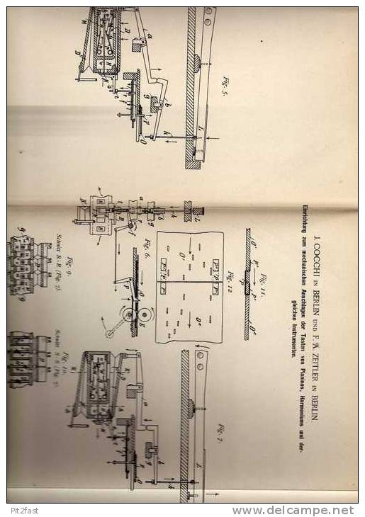 Original Patentschrift - F.A. Zeitler In Berlin , 1889 , Tasteneinrichtung Für Pianino , Harmonium !!! - Musikinstrumente