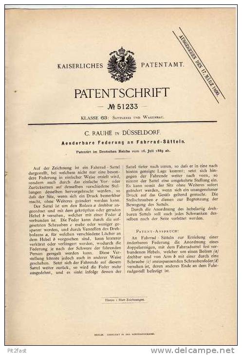 Original Patentschrift - C. Rauhe In Düsseldorf , 1889 , änderbare Federung Für Fahrrad !!! - Sonstige & Ohne Zuordnung