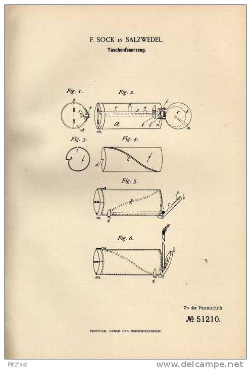 Original Patentschrift - F. Sock In Salzwedel , 1889 , Feuerzeug , Taschenfeuerzeug !!! - Documents