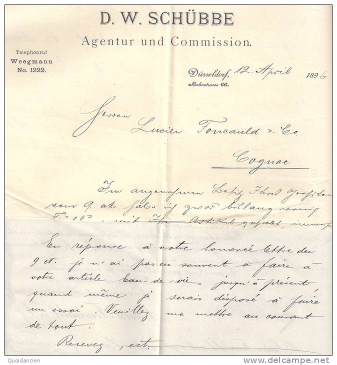 Entête  12/04/1896  -  DÜSSELDORF  ( Allemagne )  D.W.  SCHÜBBE  Pour  L.  FOUCAULD à  COGNAC - 1800 – 1899