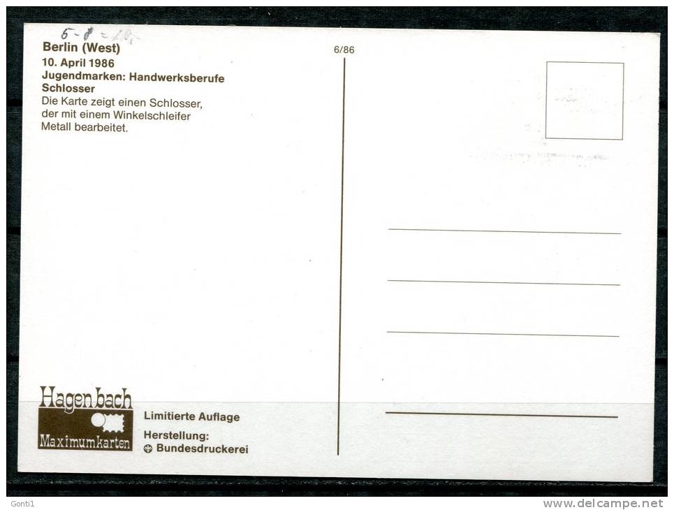 Maximum Cart  Berlin 1986 Mi.Nr.755  Maxicart "Handwerksberufe: Schlosser -Jugendmarke  " 1 MC - Factories & Industries