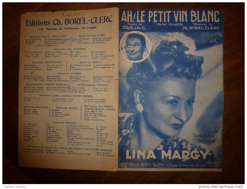 AH !  LE PETIT VIN BLANC...canté Par Lina Margy....paroles De Dréjac - Partitions Musicales Anciennes