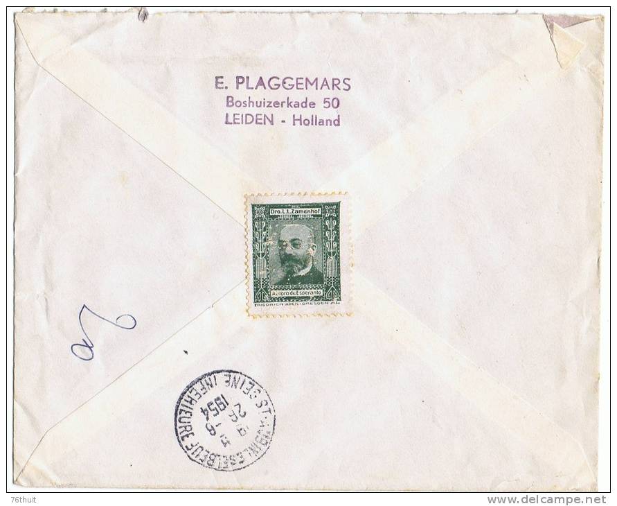 1954 - Lettre Enveloppe NEDERLAND PAYS BAS  + Recommandé + Vignette Espéranto + Boniface Yvert & Tellier 623 - Storia Postale