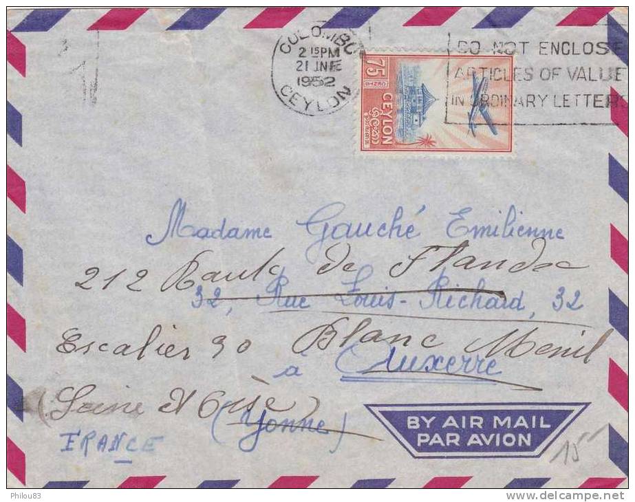 N°284 Colombo Ceylan 75c Sur Lettre Par Avion - Ceylon 75c By Air Mail - Ceylon (...-1947)