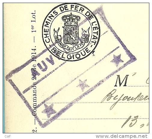 Kaart Met Rechthoekige Spoorwegstempel AUVELAIS (violet) Met Als Aankomst Stempel BELGIQUE / BELGIE 3  (noodstempel) - Fortune Cancels (1919)